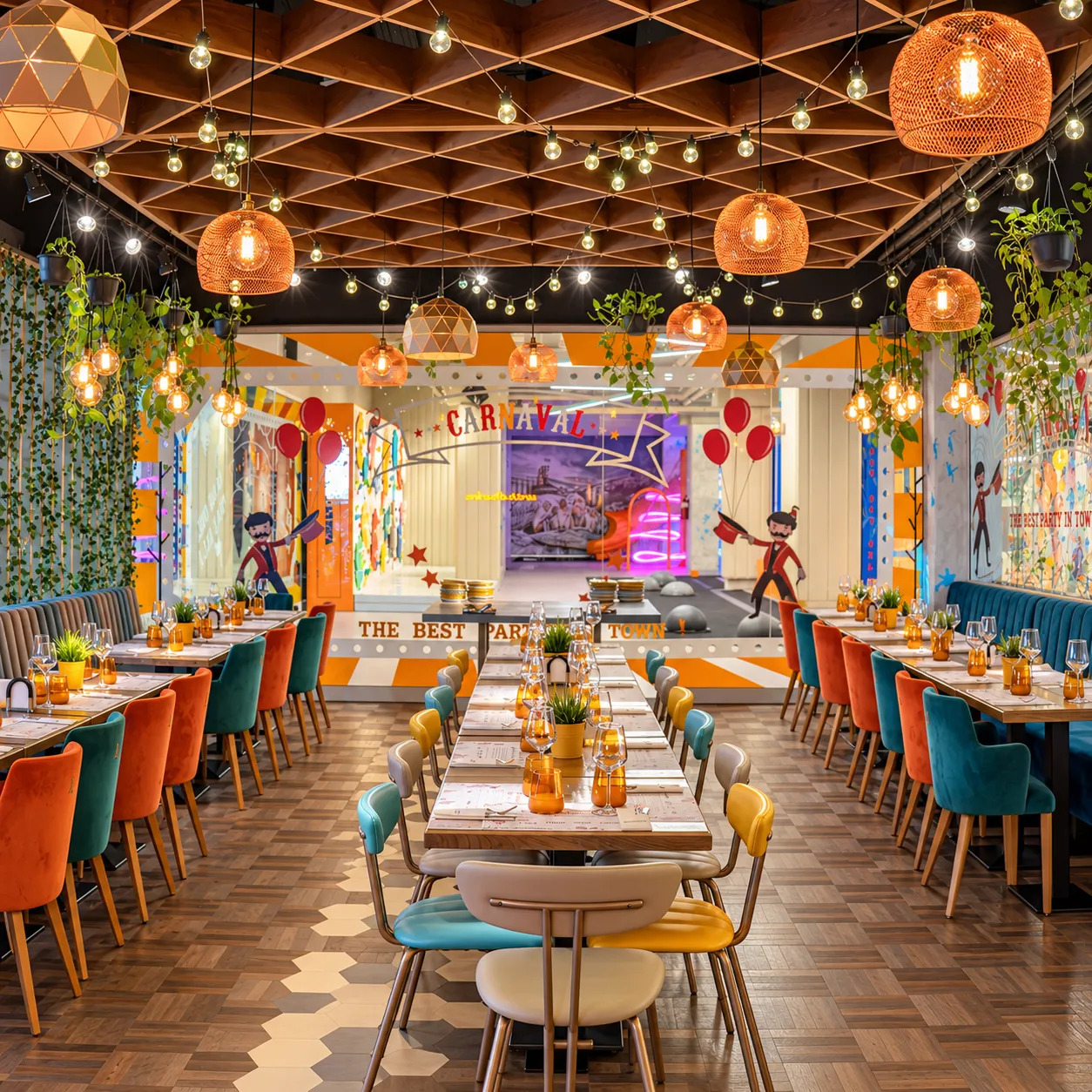 Zona de mese a restaurantului KLANdestin, cu scaune colorate și lustre, lângă intrarea în KLANkids