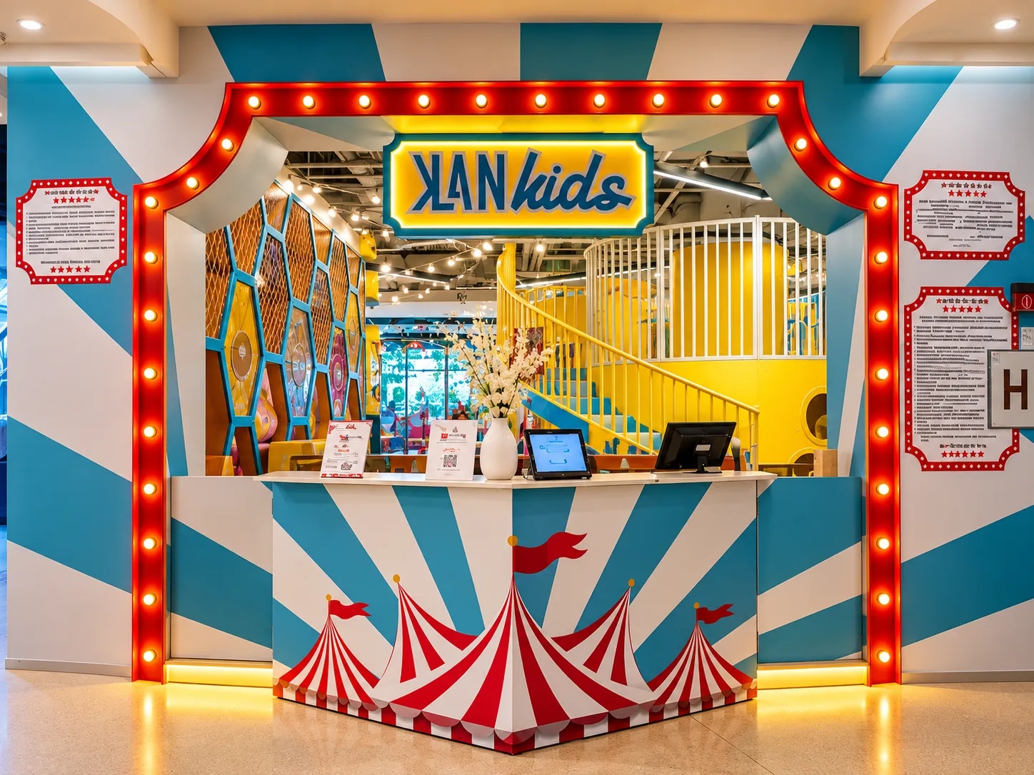 Recepția KLANkids Carnaval cu decor de circ: arcadă cu becuri, dungi turcoaz și corturi roșu-alb pe tejghea