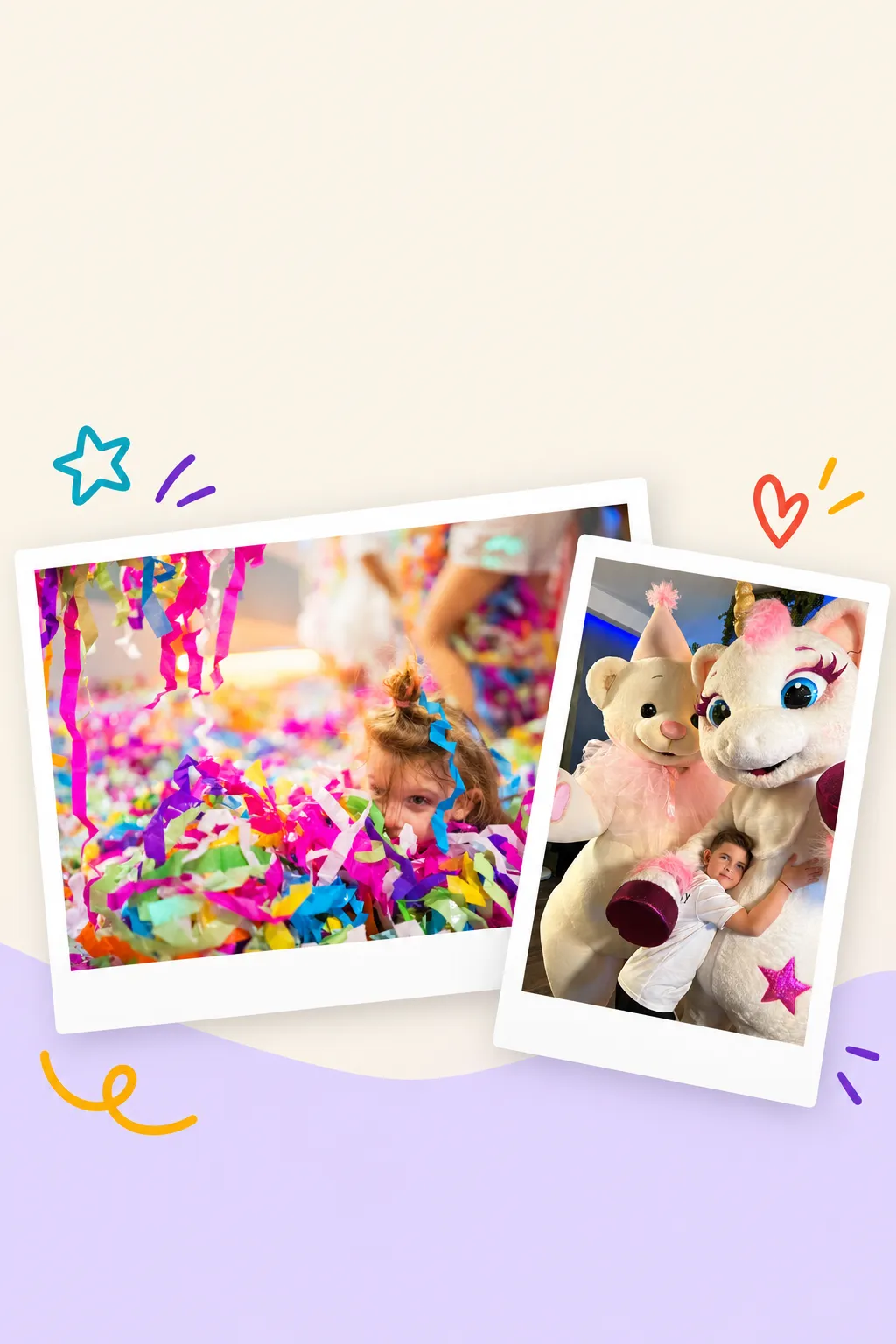 Copil printre serpentine colorate și băiat îmbrățișând mascotele ursuleț și unicorn la o petrecere KLANkids, Galeriile Titan