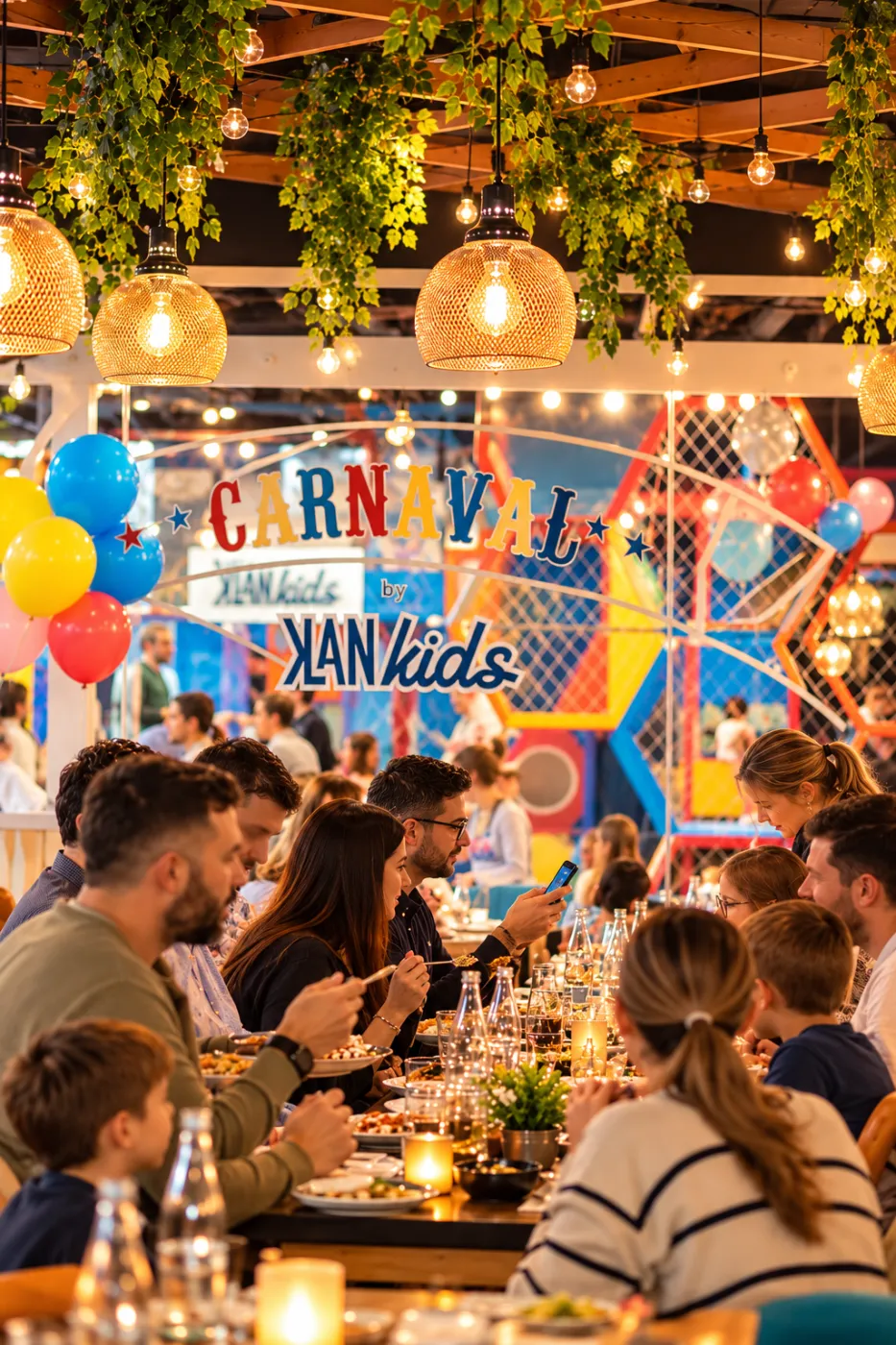 Familii la masă în restaurantul KLANdestin, lângă zona de joacă Carnaval